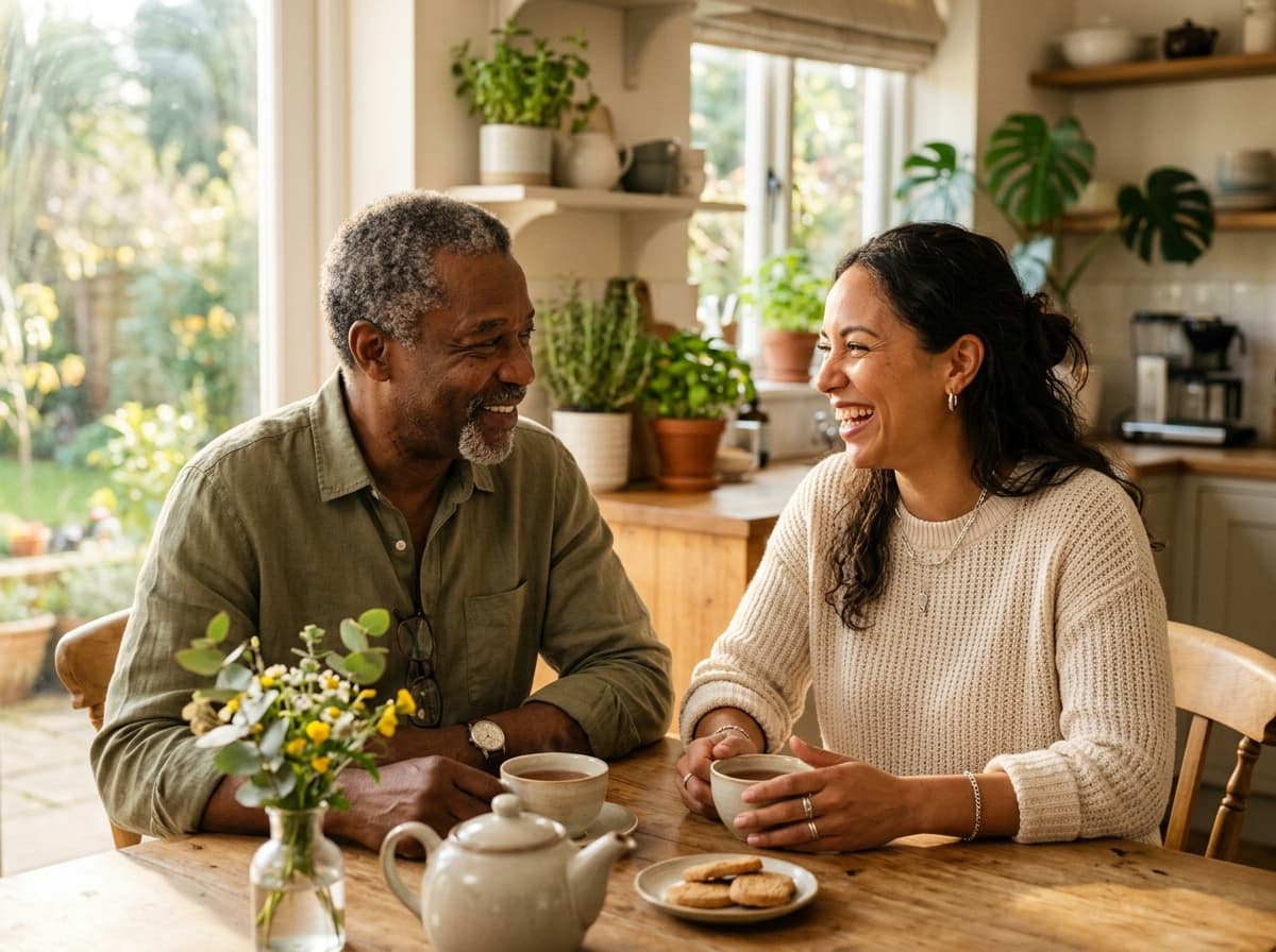 An active, diverse senior father and adult daughter enjoying a warm conversation over tea together at a sunlit kitchen table